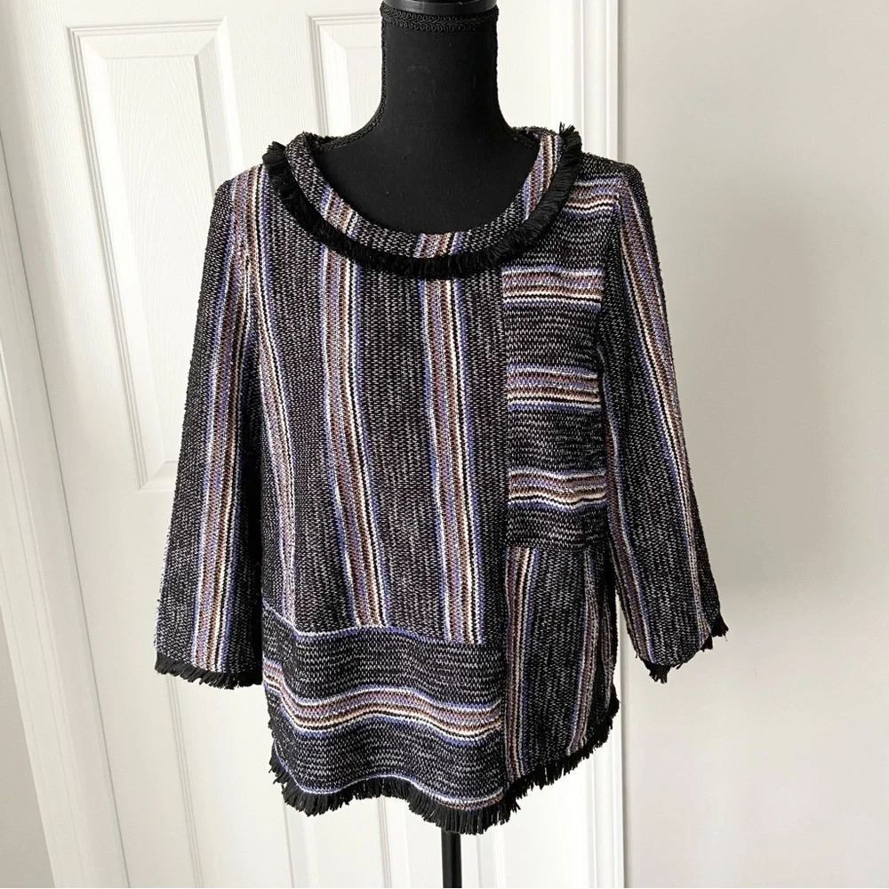 Anthropologie Current Air Black Tweed Stripe Fringe Top